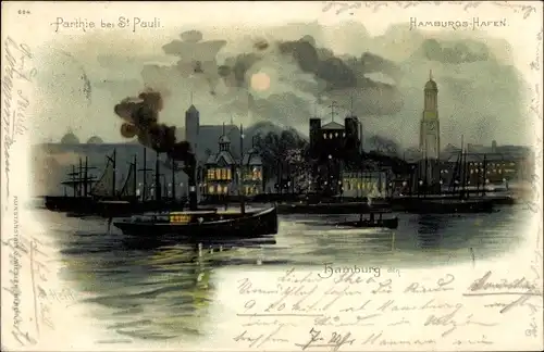 Mondschein Litho Hamburg St. Pauli, Hafenpartie