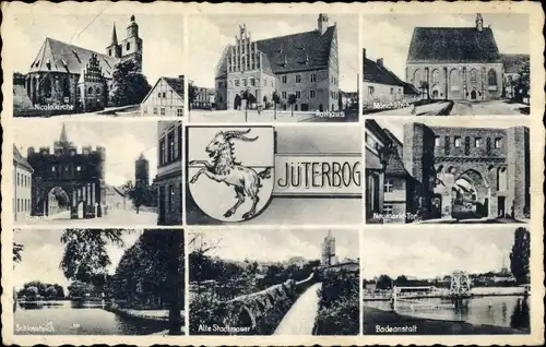 Ak Jüterbog in Brandenburg, Neumarkt Tor, Badeanstalt, Mönchkirche, Rathaus, Schlossteich