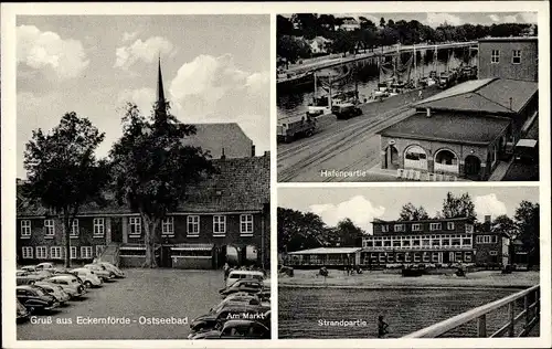 Ak Ostseebad Eckernförde, Am Markt, Hafenpartie, Strandpartie