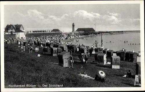 Ak Nordseebad Büsum, Südstrand, Deich, Leuchtturm