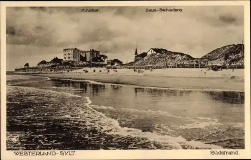 Ak Westerland auf Sylt, Südstrand, Haus Belvedere, Hotel Miramar