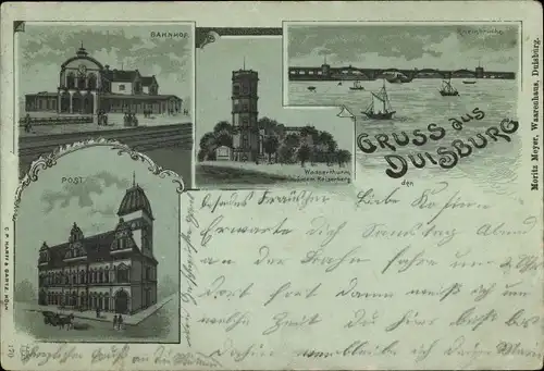 Litho Duisburg im Ruhrgebiet, Bahnhof, Wasserturm, Kaiserberg, Post