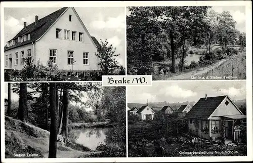 Ak Brake Bielefeld, Evang. Gemeindehaus, Neue Scholle Kleingartensiedlung, Sieben Teiche
