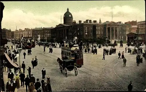 Ak Manchester England, Piccadilly, Infirmary, Kutsche, Straßenbahn