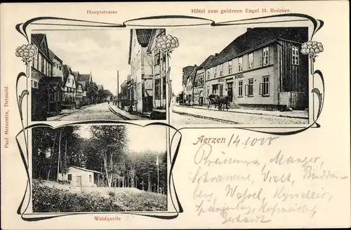 Jugendstil Ak Aerzen im Weserbergland, Hotel zum goldenen Engel, Hauptstraße, Waldquelle