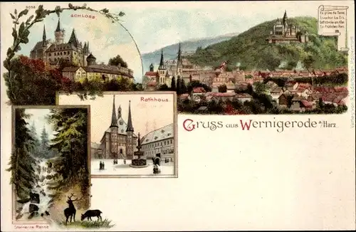 Litho Wernigerode am Harz, Schloss, Rathaus, Steinerne Renne, Totalansicht