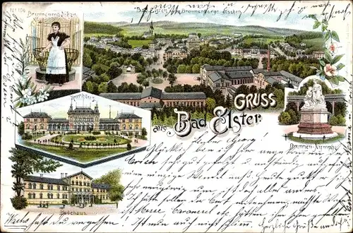 Litho Bad Elster im Vogtland, Brunnennymphe, Badehaus, Kurhaus, Brunnenmädchen, Totalansicht