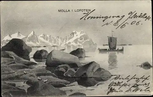 Künstler Ak Molla Lofoten Norwegen, Küste, Segelboot