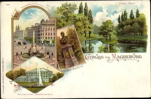 Litho Magdeburg an der Elbe, Grusonsches Gewächshaus, Hasselbachbrunnen, Friesendenkmal, Inselteich