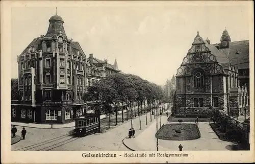 Ak Gelsenkirchen im Ruhrgebiet, Hochstraße, Realgymnasium, Straßenbahn