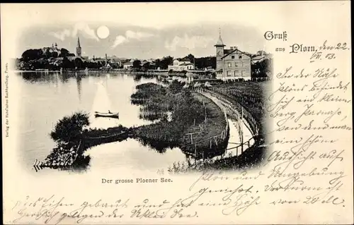 Mondschein Ak Plön in Schleswig Holstein, Blick auf den Ort, Großer Plöner See