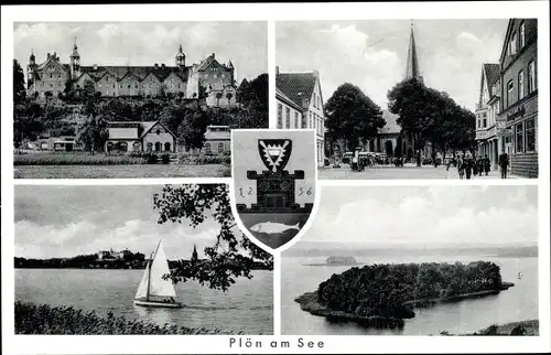 Ak Plön am See Holstein, Wappen, Stadtbild, Uferpartie, Insel