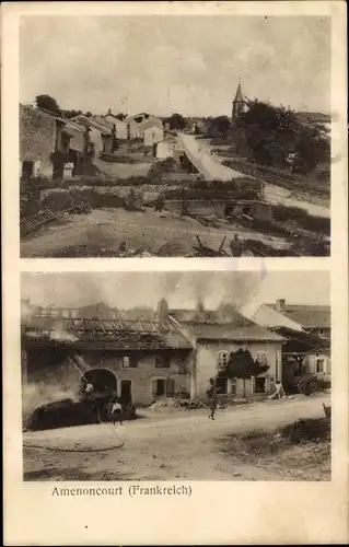 Ak Amenoncourt Meurthe et Moselle, Kriegszerstörungen I.WK, Brennende Häuser