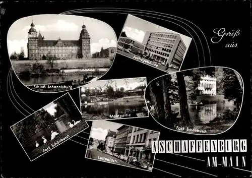 Ak Aschaffenburg in Unterfranken, Schloss Johannisburg, Justizgebäude, Mainpartie, Park Schönbusch