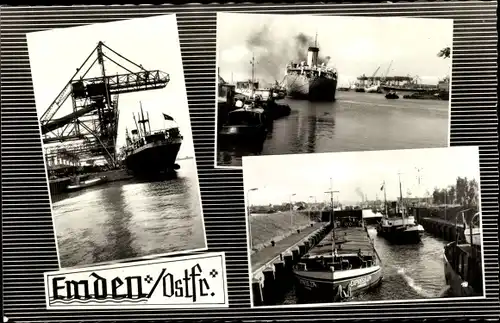Ak Emden in Ostfriesland, Industriehafen mit Schiffen, Frachtschiffe, Kräne