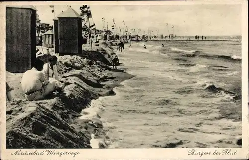 Ak Nordseebad Wangerooge, Strand, Burgen bei Flut, Badegäste