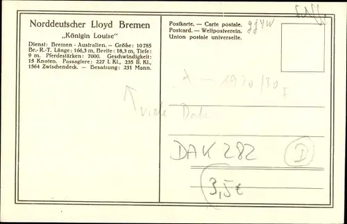 Ak Doppelschrauben-Salondampfer Königin Louise, Norddeutscher Lloyd