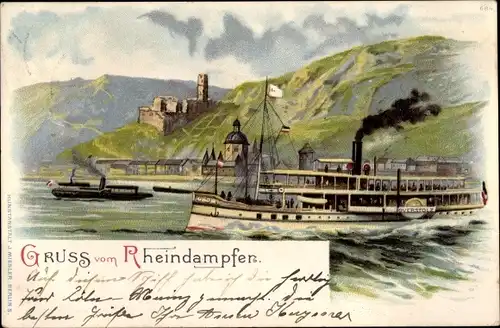 Litho Gruß vom Rheindampfer Overstolz, Burgruine