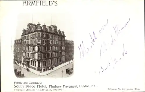 Ak London City England, South Place Hotel, Finsbury Pavement