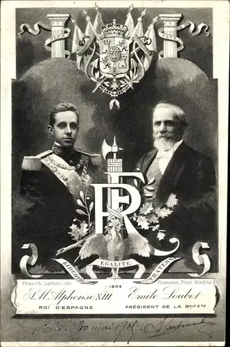 Ak König Alfons XIII. von Spanien, Emile Loubet, Staatstreffen 1905