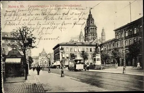 Ak Mainz in Rheinland Pfalz, Gutenbergplatz, Gutenberg-Denkmal, Straßenbahn