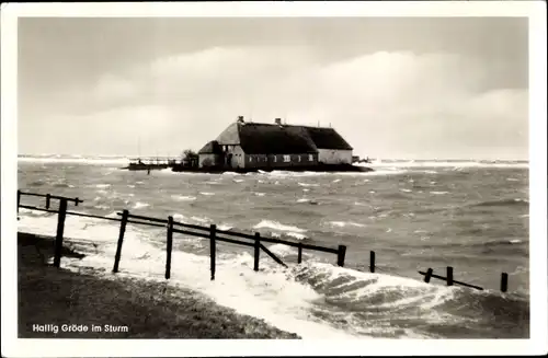 Ak Hallig Gröde in Nordfriesland, Gesamtansicht, Sturm