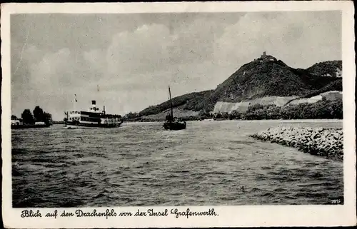 Ak Bad Honnef am Rhein, Insel Grafenwerth, Drachenfels, Dampfer
