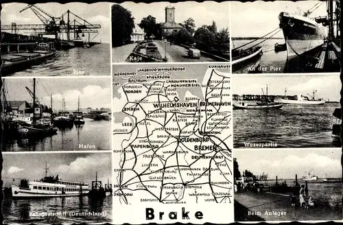 Landkarten Ak Brake an der Unterweser, Pier, Hafen, Fahrgastschiff Deutschland, Kaje, Weser, Anleger