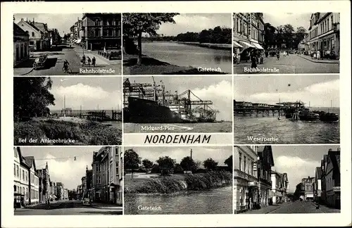 Ak Nordenham im Oldenburger Land, Midgard Pier, Bahnhofstraße, Gateteich, Weserpartie, Anlegebrücke