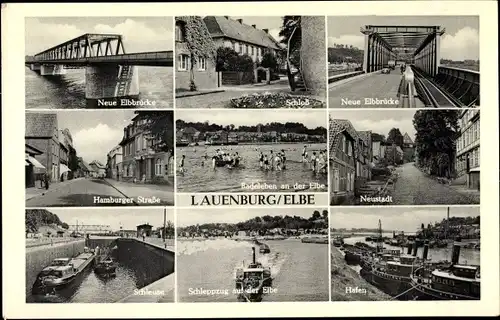 Ak Lauenburg in Schleswig Holstein, Schleuse, Schlepper, Elbbrücke, Schloss, Hamburger Straße, Hafen