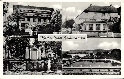 Ak Eschershausen im Weserbergland, Jugendherberge, Café Bremer, Ehrenmal, Schwimmbad