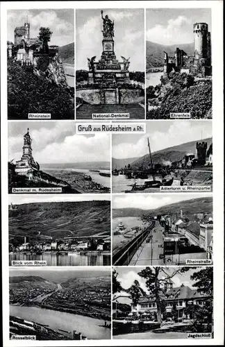 Ak Rüdesheim am Rhein, Niederwald Nationaldenkmal, Rheinstein, Ehrenfels, Adlerturm, Jagdschloss