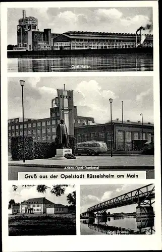 Ak Rüsselsheim, Opelhafen, Adam Opel Denkmal, Opelbrücke, Opelstadt