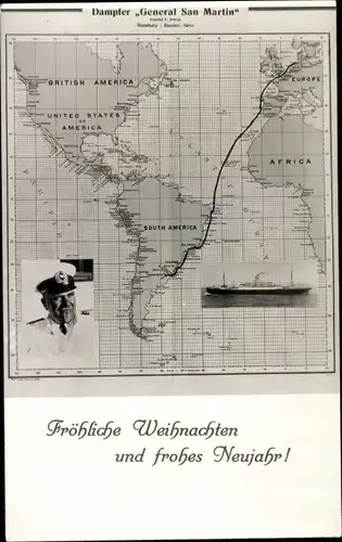 Landkarten Ak Glückwunsch Weihnachten, Dampfer General San Martin, Hugo Stinnes Linien, Kapitän