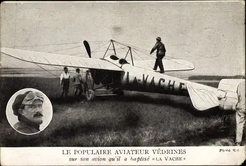 Ak Le Populaire Aviateur Vedrines, Avion La Vache, Flugpionier