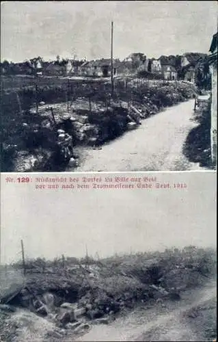 Ak La Ville sur Bois Aisne, Rückansicht des Dorfes vor und nach dem Trommelfeuer, 1915