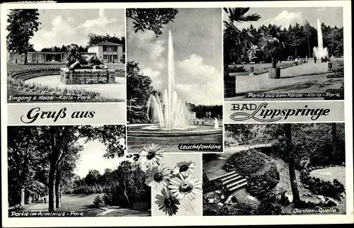 Ak Bad Lippspringe in Westfalen, Kaiser Karls Park, Arminius Park, Jordan Quelle, Leuchtfontäne