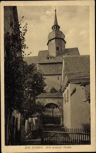 Ak Bad Steben in Oberfranken, Alte protestantische Kirche, Dorfpartie