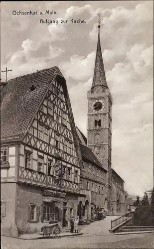 Ak Ochsenfurt in Unterfranken, Aufgang zur Kirche, Kirchenturm, Bäckerei Simon Fuchs