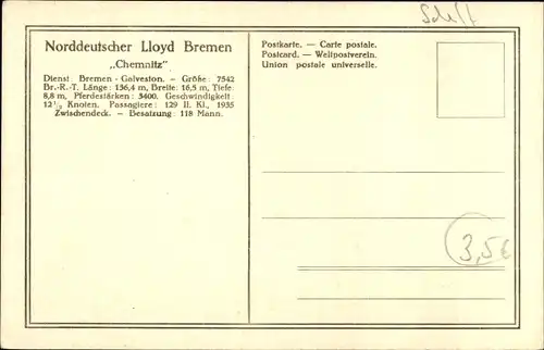 Ak Passagier und Frachtdampfer Chemnitz, Norddeutscher Lloyd Bremen, Dampfschiff