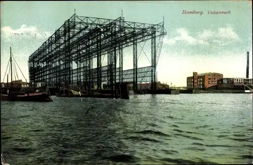 Ak Hamburg, Ansicht der Vulkanwerft, Stahlgerüste, Wasserblick