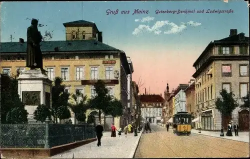 Ak Mainz in Rheinland Pfalz, Gutenberg Denkmal und Ludwigstraße, Tram 6