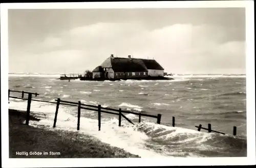 Ak Hallig Gröde in Nordfriesland, Gesamtansicht, Sturm