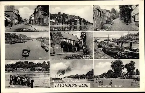 Ak Lauenburg an der Elbe, Hamburger Straße, Hafen, Fähre, Schlepper, Schloss, Hohnstorfer Strand