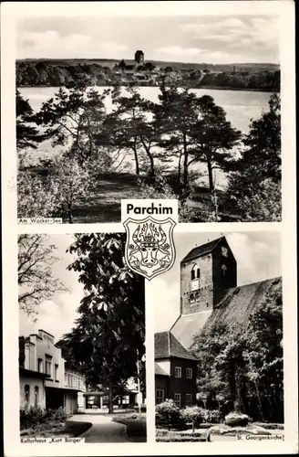 Wappen Ak Parchim in Mecklenburg, Am Wocker See, Kulturhaus Kurt Bürger, St. Georgenkirche