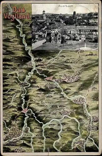 Landkarten Ak Auerbach im Vogtland Sachsen, Elsterberg, Reichenbach, Lengenfeld, Plauen, Greiz