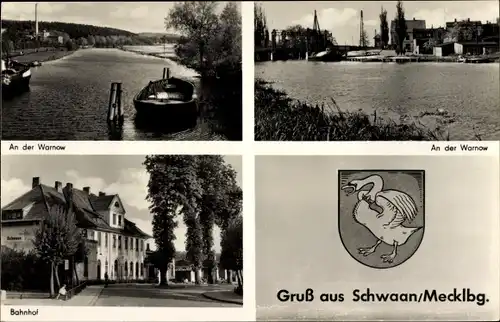 Ak Schwaan in Mecklenburg, An der Warnow, Bahnhof, Wappen