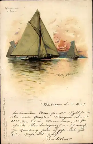 Künstler Litho Stöwer, W., Rennyachten in Flaute, Segelboote
