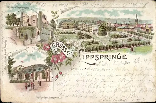 Litho Bad Lippspringe in Westfalen, Ruine der Tempelherrenburg, Trinkhalle, Ortsansicht