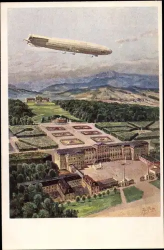 Künstler Ak Wien 13. Hietzing Österreich, Zeppelin Schütte Lanz über dem Schloss Schönbrunn, SL 2
